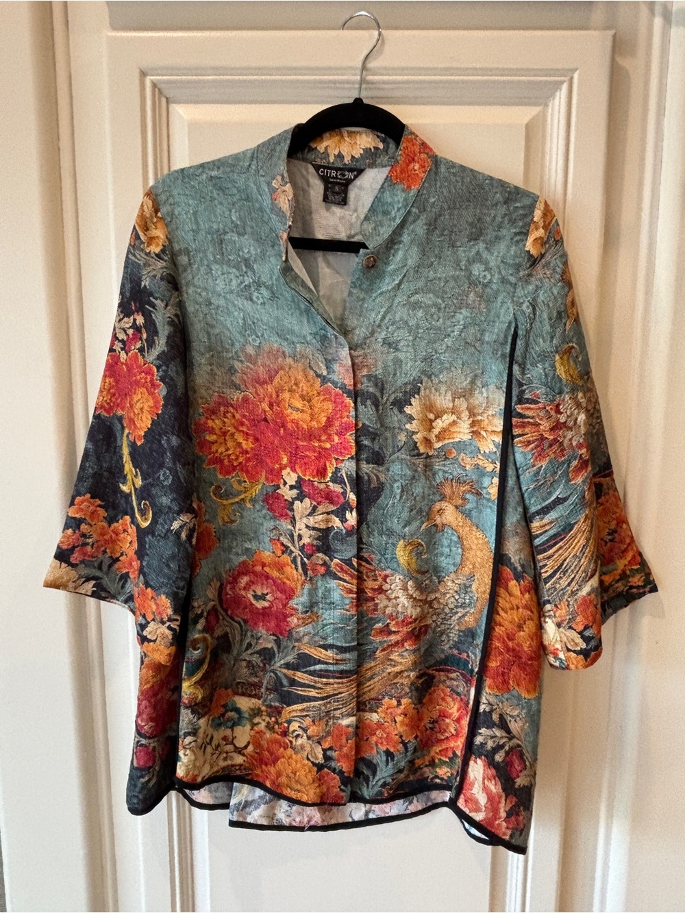 Citron Santa Monica silk tunic top sz Small teal green floral.